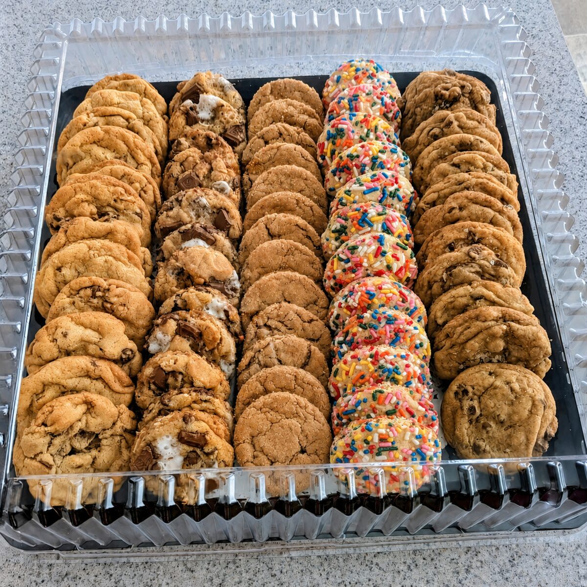 Assorted small cookie tray with chocolate chip, peanut butter, sprinkle, and specialty cookies.