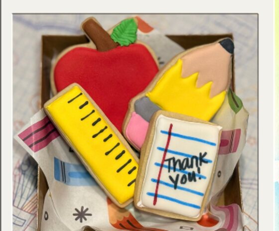 Boxed teacher appreciation cutout cookies.